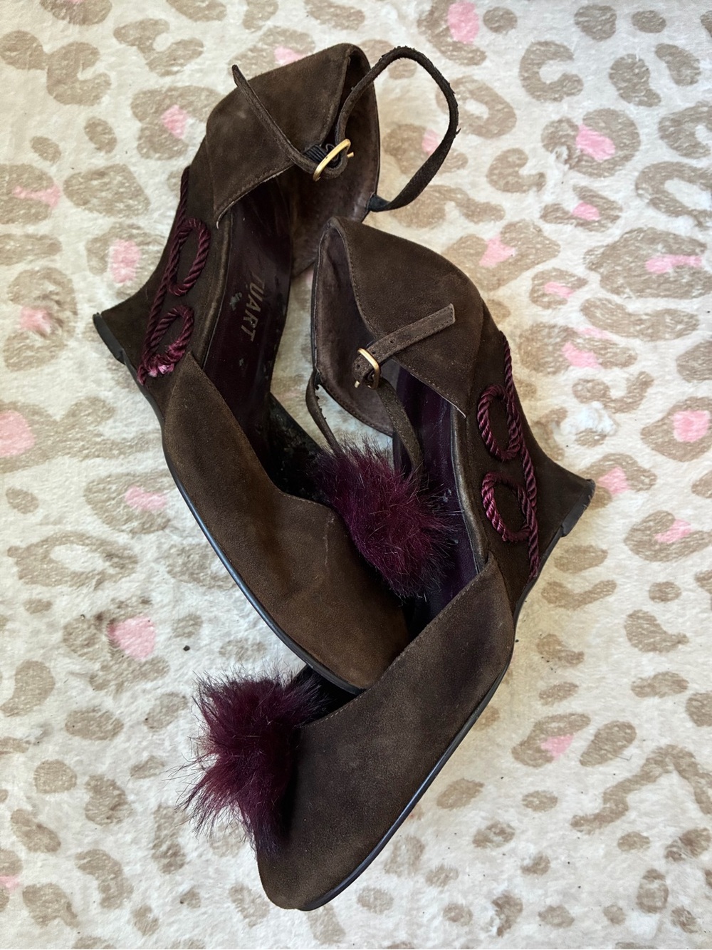 Colin Stuart Brown Suede Mary Jane Wedges with Plum Pom Trim